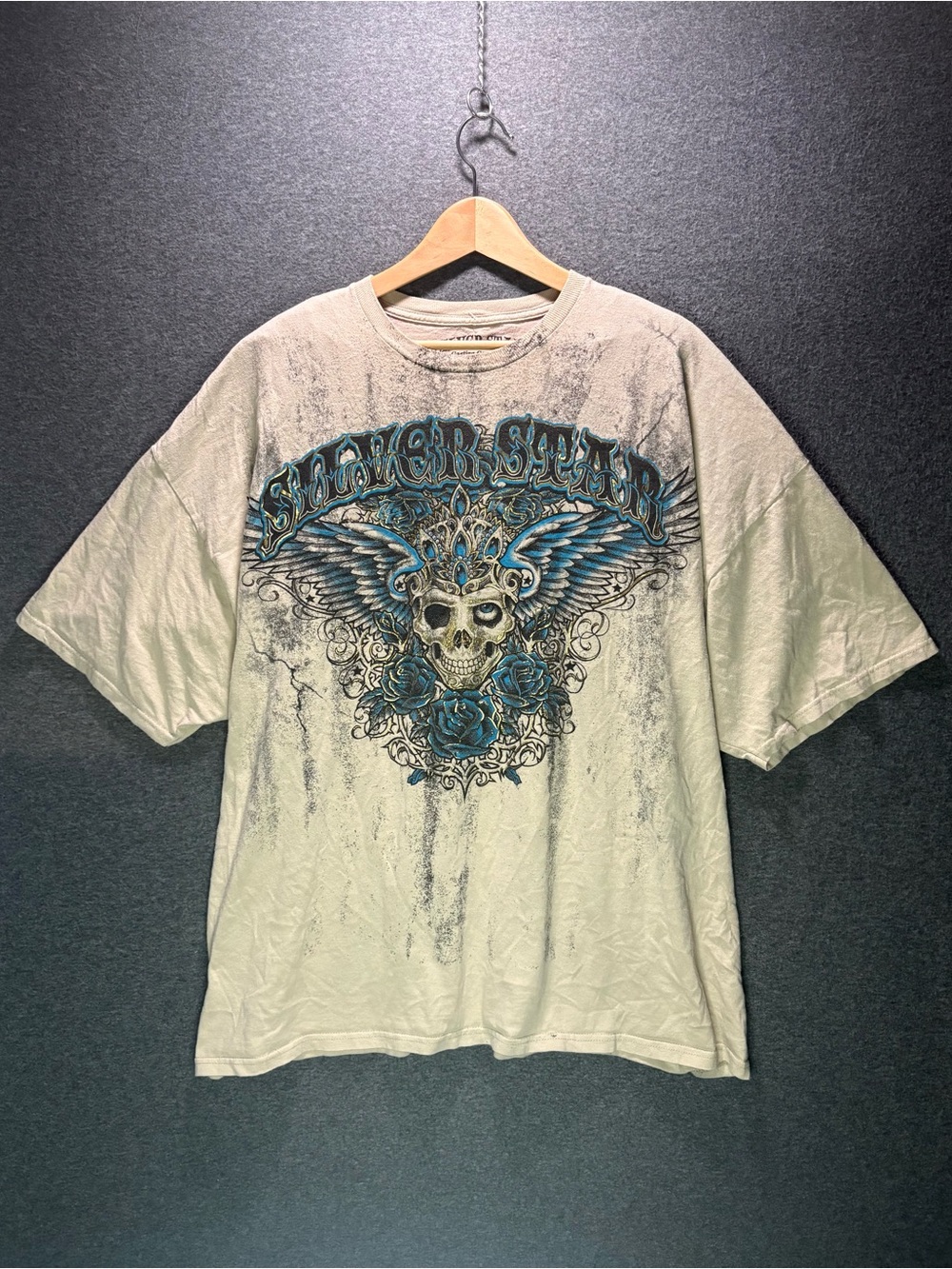 Y2K Silver Star Blue Graphic Skull Tee Size XXXL